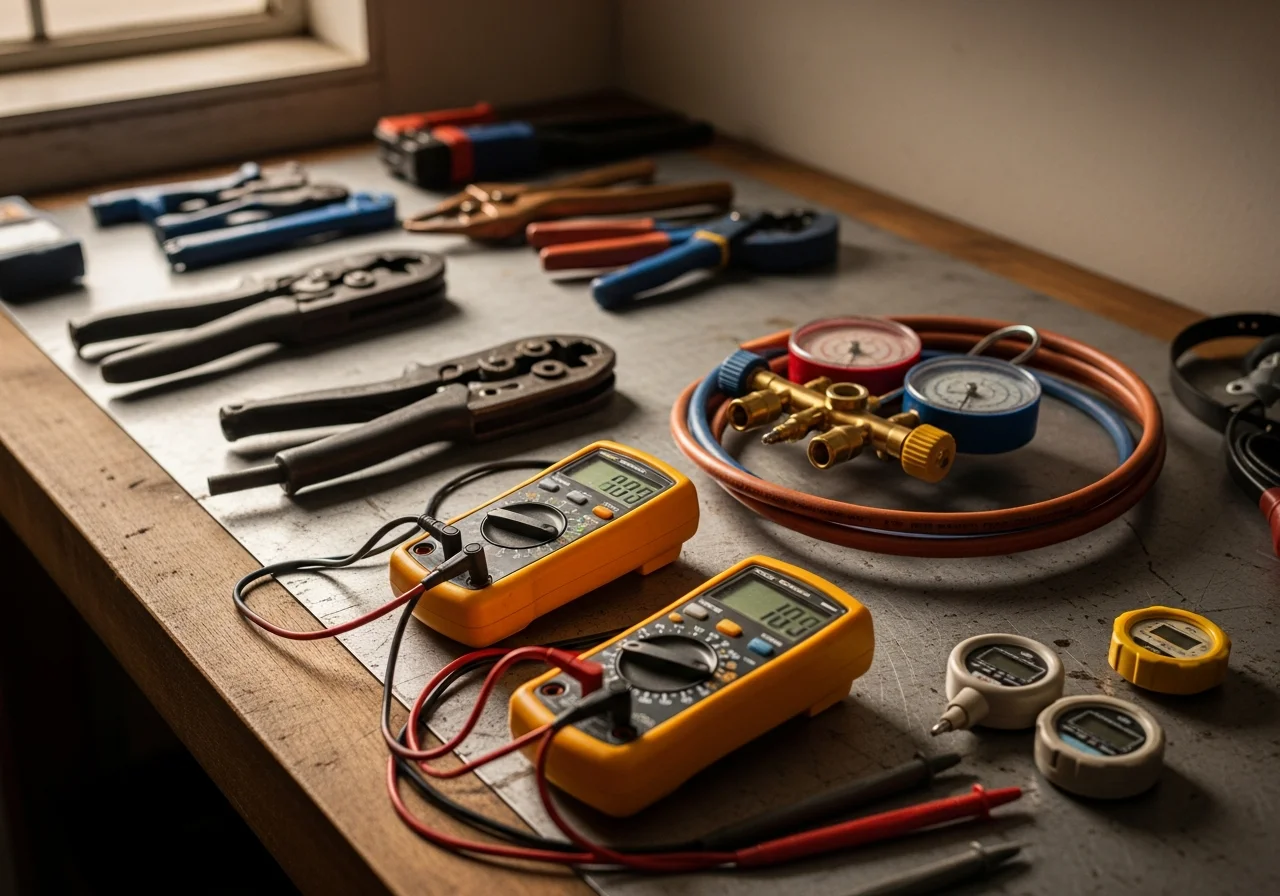 HVAC technician tools and equipment on a workbench, representing professional heating and cooling service readiness.