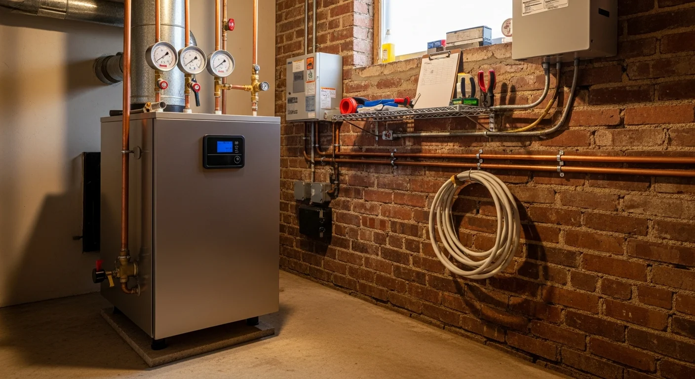 Technician inspecting and servicing a residential boiler heating system