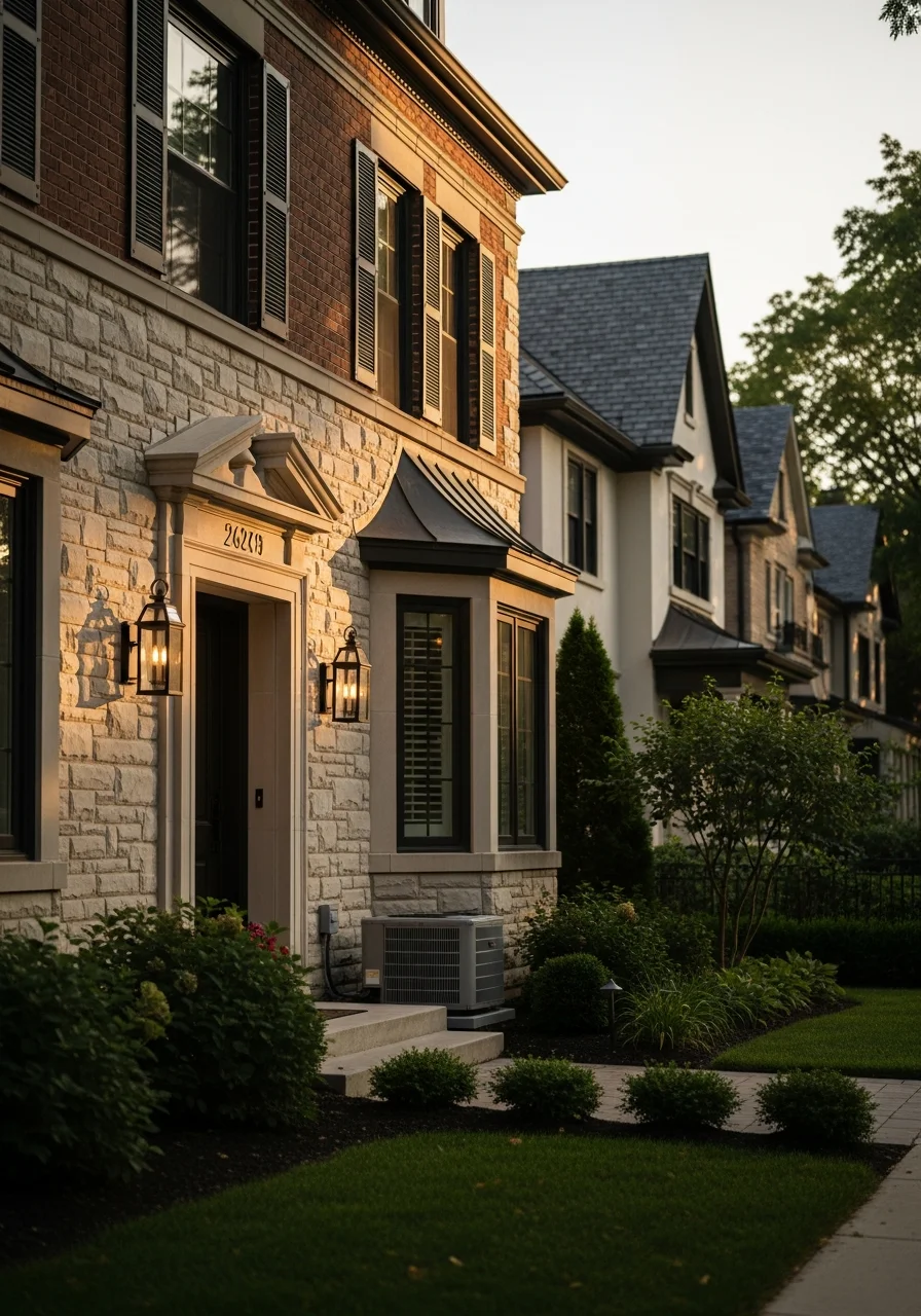 Detailed view of a Highland Park home's exterior craftsmanship showing quality materials and refined design elements.