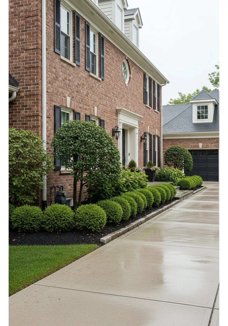 Detailed exterior view of a Hinsdale home's entrance and landscaping demonstrating the community's property care standards.