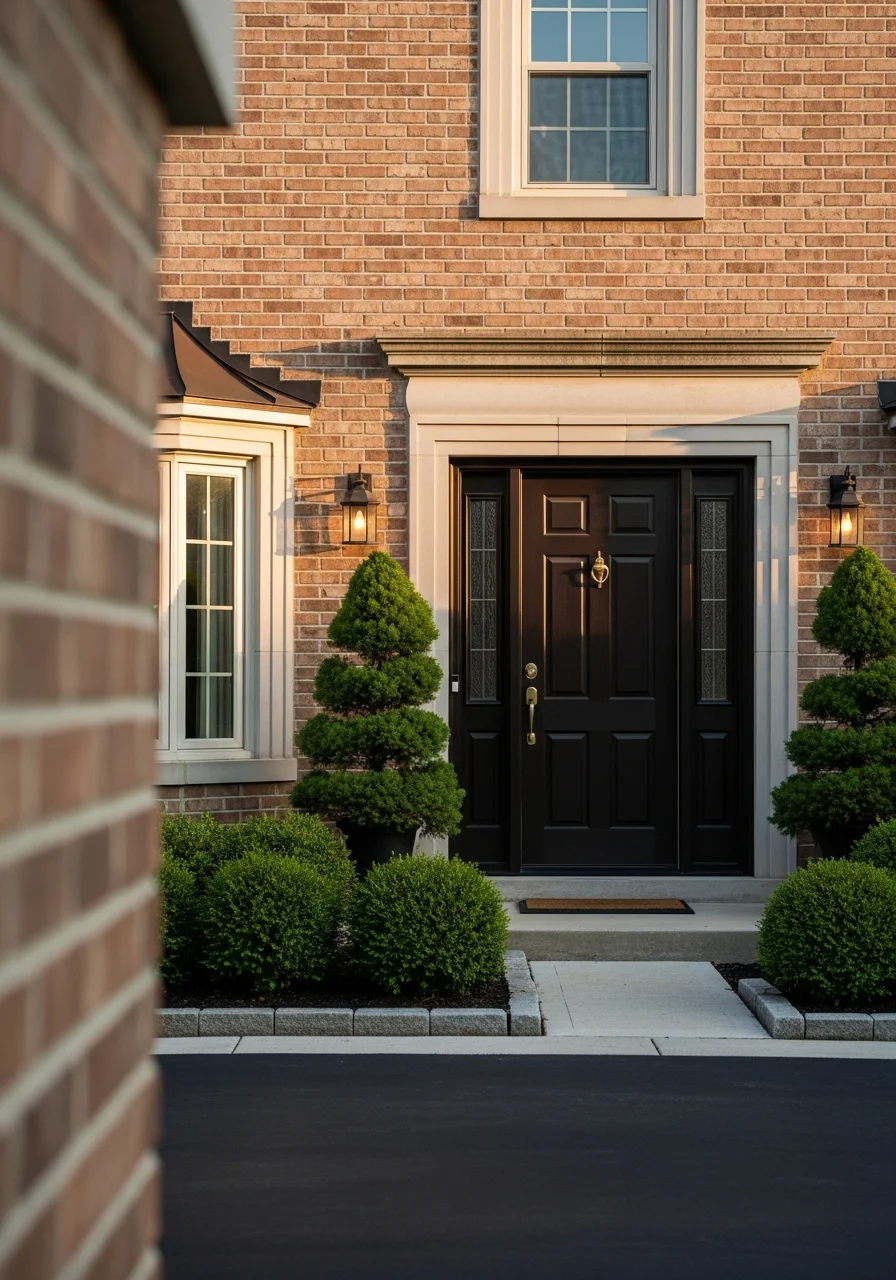 Close-up of a Park Ridge home's front entrance with detailed architectural trim and welcoming landscaping.