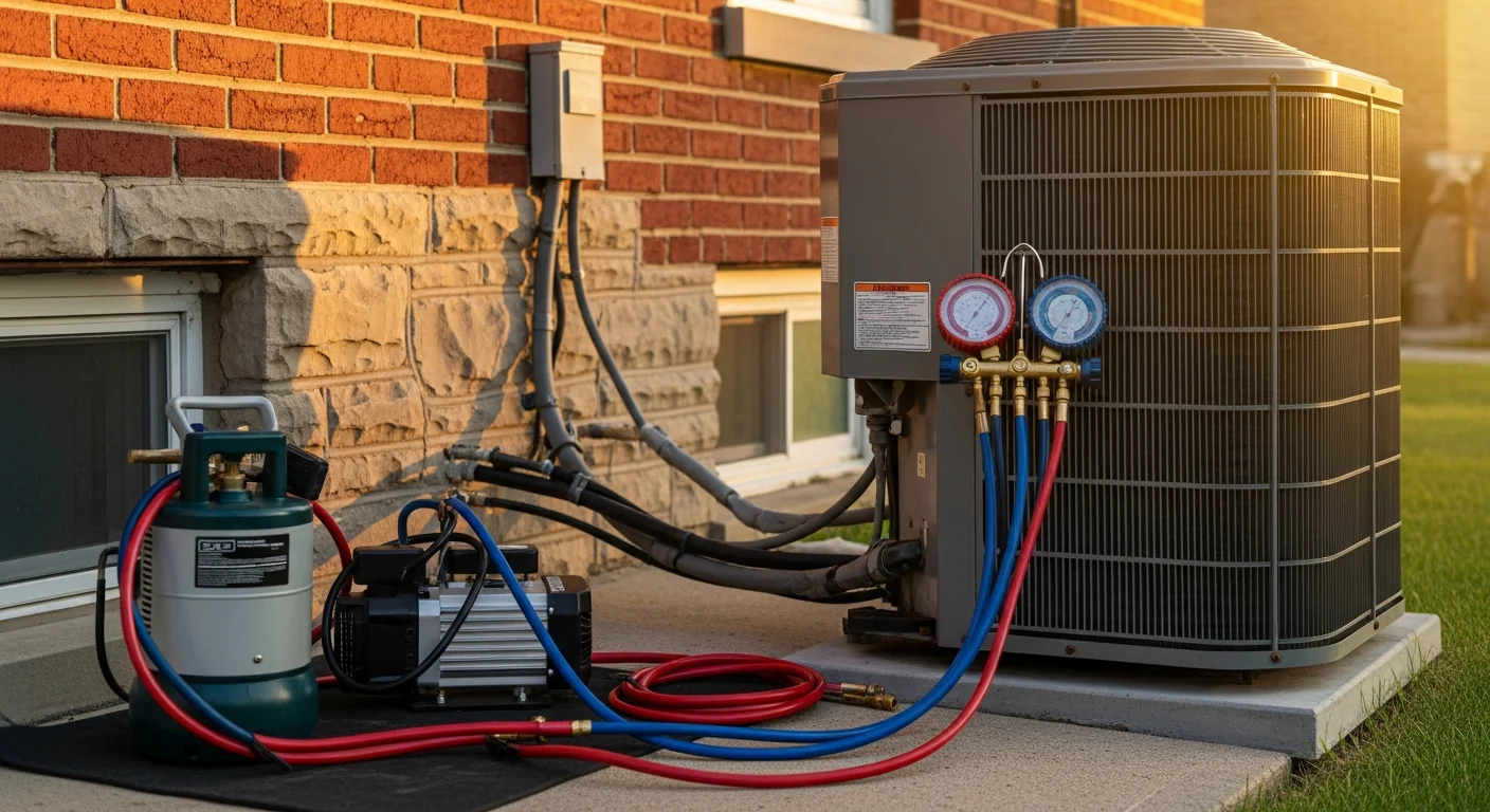 A Comfort Solution HVAC LLC technician inspecting a central air conditioning condenser unit outside a single-family home in Park Ridge, IL. The technician is checking refrigerant lines on a residential property typical of the city's mid-century housing stock.