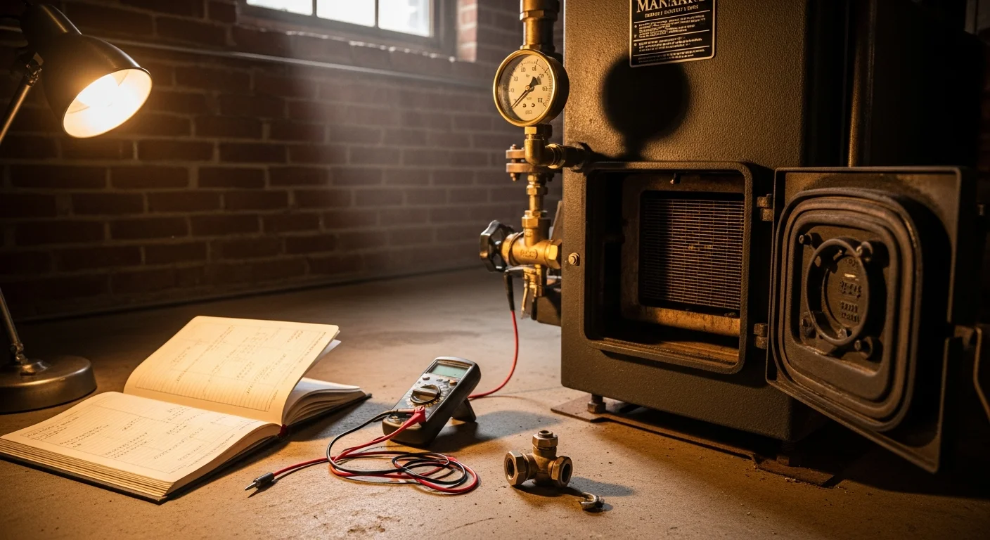 A technician from Comfort Solution HVAC LLC inspecting a residential boiler system in a Park Ridge, IL home. The image shows the technician checking pressure gauges and burner components on a hydronic heating unit in a basement utility room.