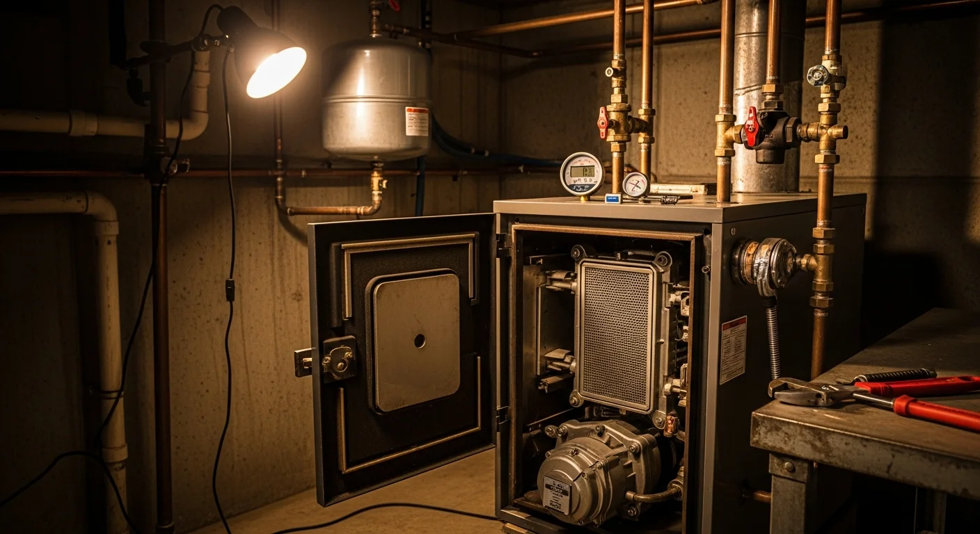 A technician from Comfort Solution HVAC LLC inspecting a residential boiler system in a Park Ridge, IL home basement. The image shows the boiler unit, visible piping, and pressure gauges being checked during a repair service call.