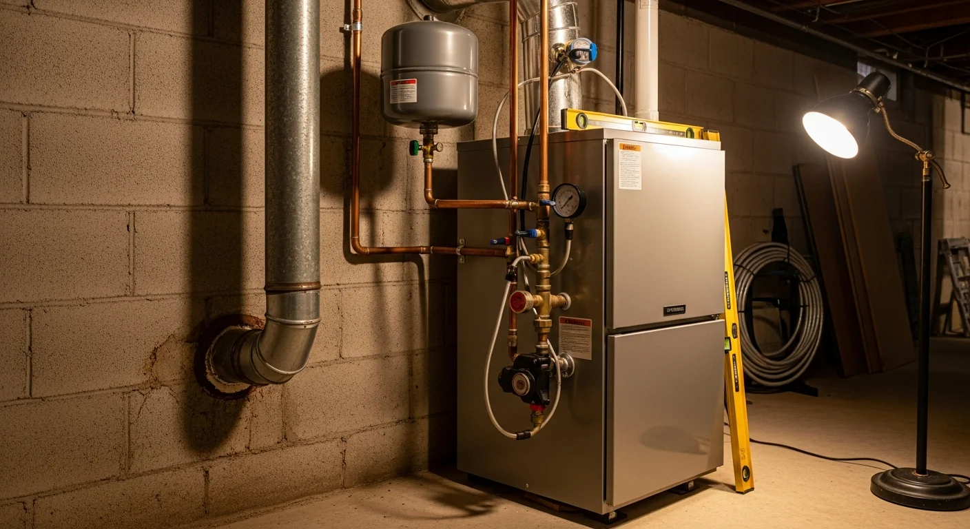A new high-efficiency boiler installed in the utility room of a Park Ridge, IL home, with clean copper piping connections and a wall-mounted thermostat control visible nearby. The old unit has been removed and the surrounding area is clear and organized.