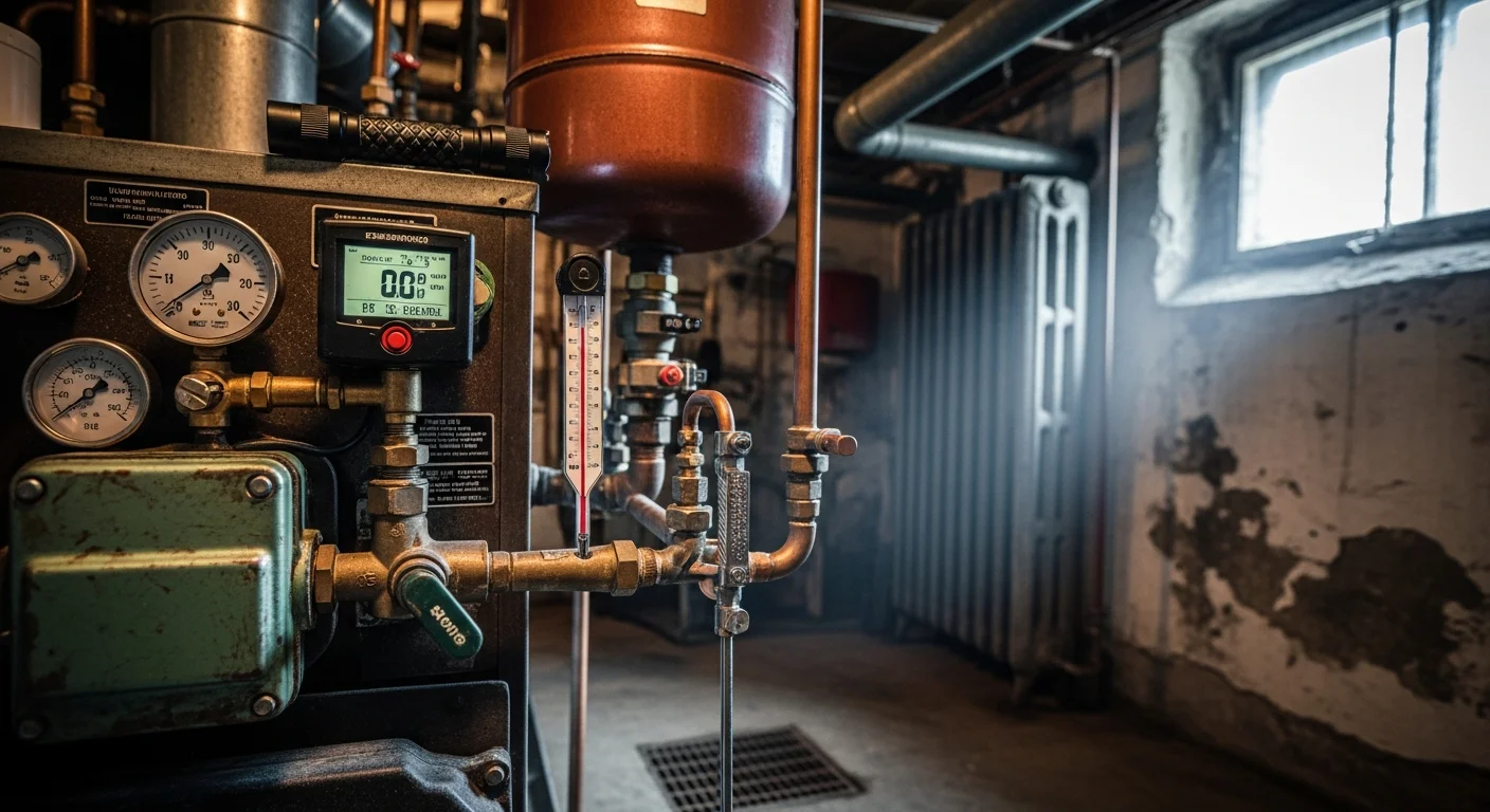 A Comfort Solution HVAC LLC technician inspecting a residential boiler system in a Park Ridge, IL home, checking pressure gauges and distribution piping in a basement utility room.