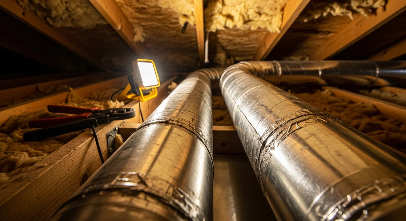 A sheet metal ductwork repair in progress inside the basement of a Park Ridge, IL single-family home, showing a technician sealing a disconnected duct joint. Repaired duct sections run along the ceiling toward the furnace unit.