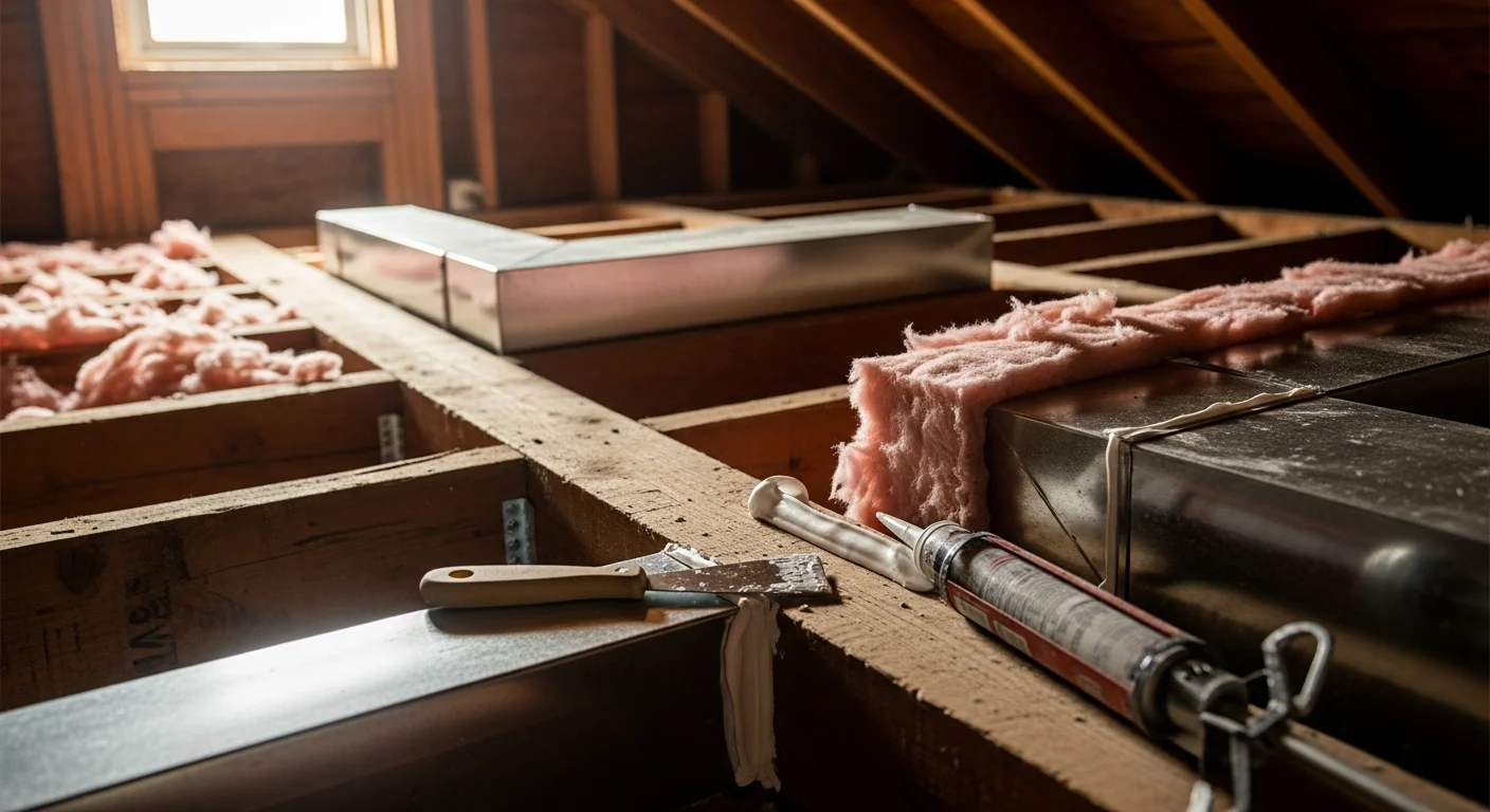 A sheet metal ductwork system in the basement of a Park Ridge, IL home with insulation wrap applied to exposed supply runs. A technician from Comfort Solution HVAC LLC applies mastic sealant to a duct joint near the furnace connection.