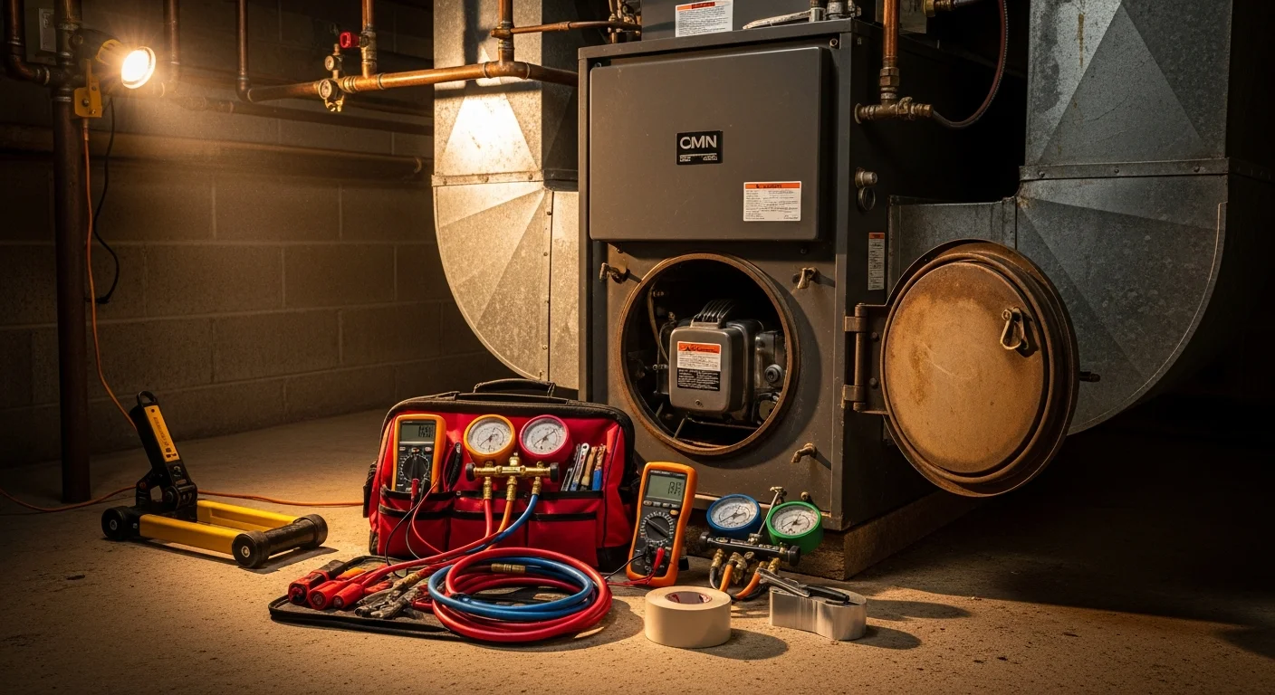 A Comfort Solution HVAC LLC technician inspecting a furnace unit in the basement of a Park Ridge, IL single-family home during a winter service call. The technician is checking internal components with a diagnostic tool while wearing a company uniform.