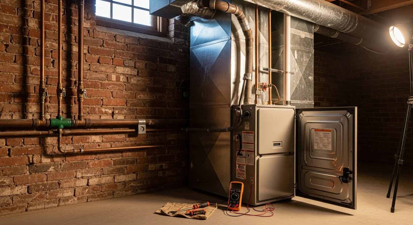 A licensed HVAC technician from Comfort Solution HVAC LLC inspecting a gas furnace in the basement of an older Park Ridge, IL home. The technician is checking internal components with a diagnostic tool during a furnace repair visit.