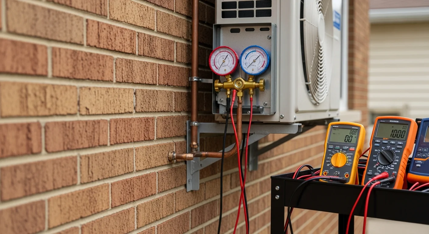 A Comfort Solution HVAC LLC technician using a digital diagnostic tool to test an HVAC system in a Park Ridge, IL home. The technician is checking electrical readings on an indoor air handler unit in a residential utility room.