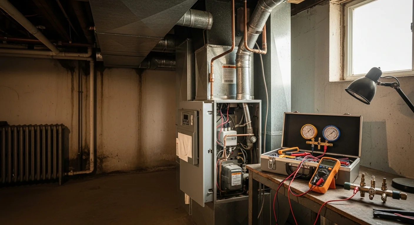 A Comfort Solution HVAC LLC technician performing a maintenance inspection on a residential HVAC system in a Park Ridge, IL home. The technician checks the indoor air handler components and reviews system readings on a service tablet.