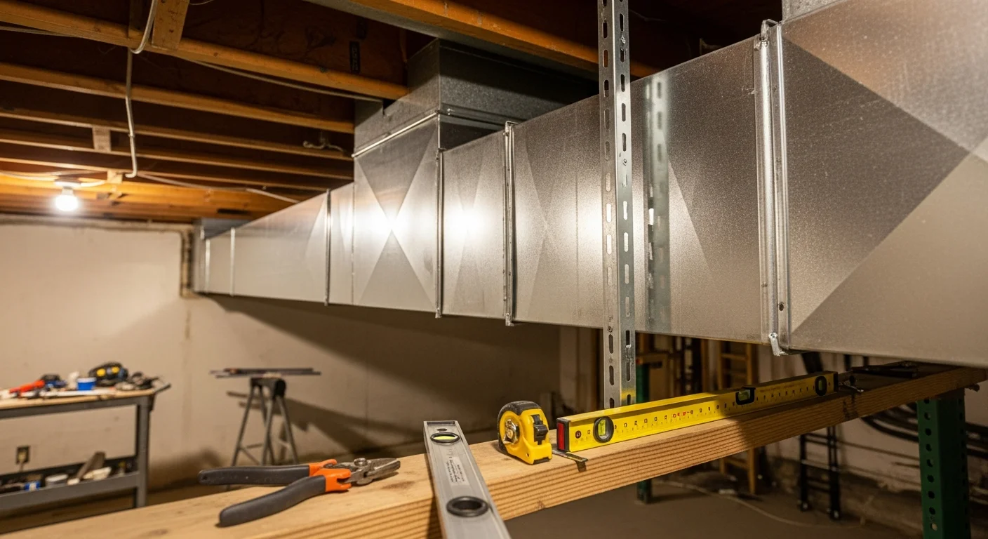 A technician from Comfort Solution HVAC LLC installing custom sheet metal ductwork in the basement of a single-family home in Park Ridge, IL. Rectangular metal ducts are secured to floor joists with visible trunk lines branching toward multiple rooms.