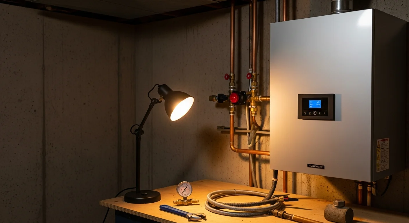A compact tankless boiler mounted on a basement wall in a Park Ridge, IL home, with copper hydronic piping connected and a clean utility space around the unit. The installation replaces an older floor-standing boiler in a multi-story residential property.