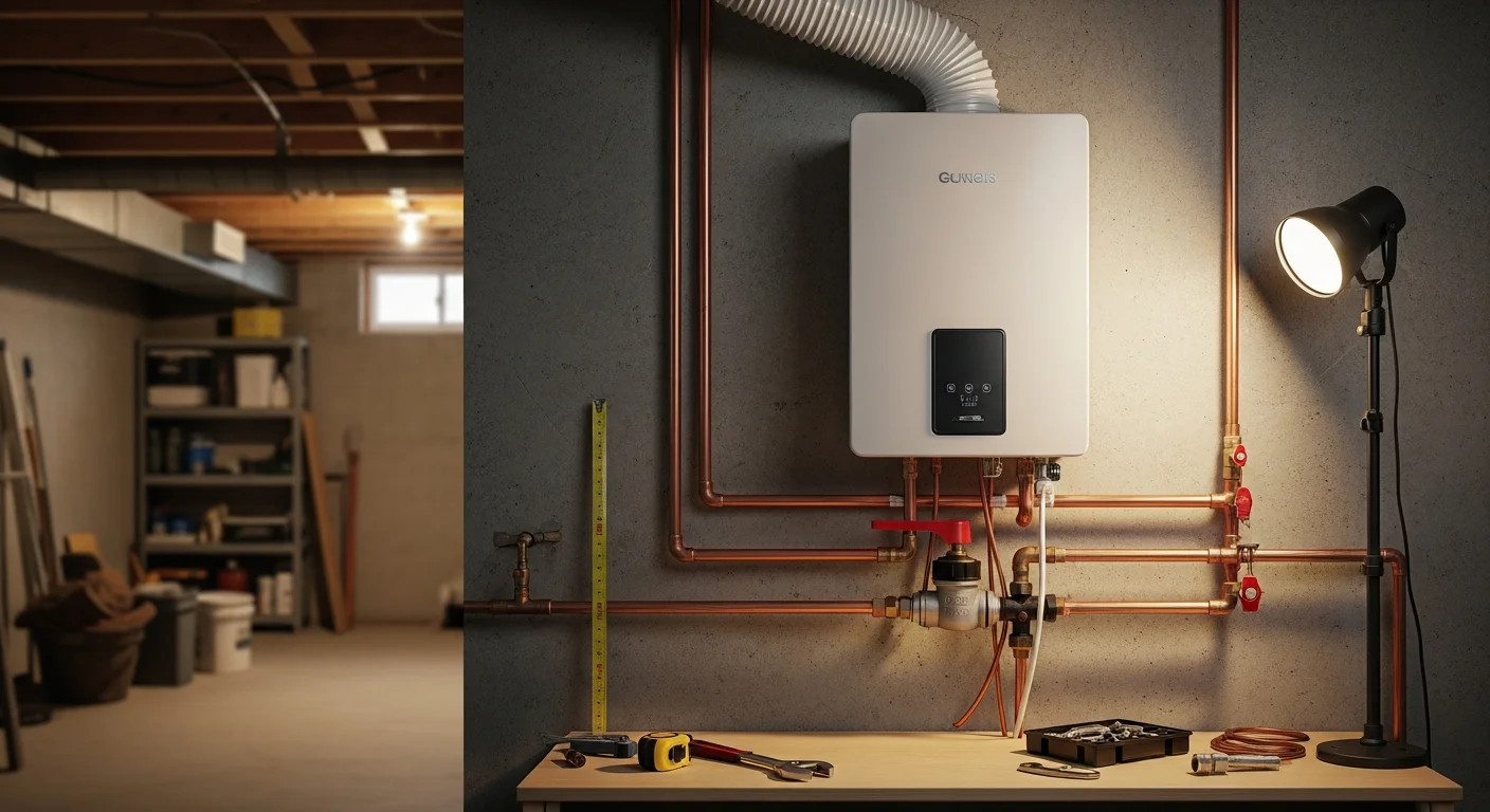 A wall-mounted tankless water heater installed in the utility room of a single-family home in Park Ridge, IL, with new gas and water supply connections visible. The compact unit replaces a traditional tank-style system in a mid-century residential basement.