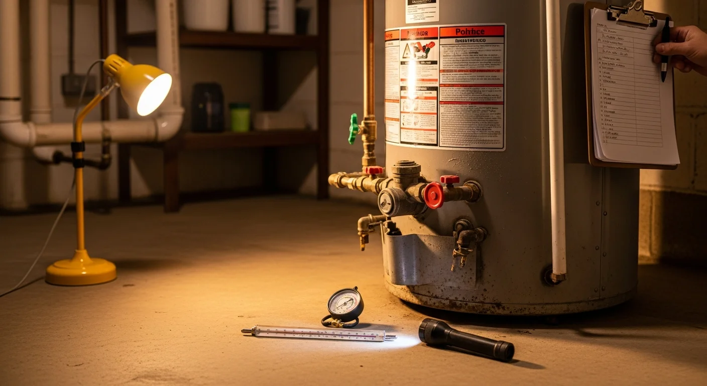 A Comfort Solution HVAC LLC technician inspecting a residential water heater in a Park Ridge, IL basement utility room. The technician examines the tank connections, pressure relief valve, and base of the unit during a professional water heater inspection.