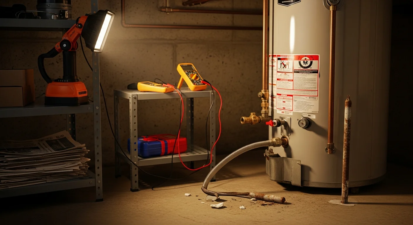 A licensed technician from Comfort Solution HVAC LLC flushing sediment from a residential tank water heater in a Park Ridge, IL basement utility room. The technician inspects the anode rod and pressure relief valve during a routine maintenance visit.