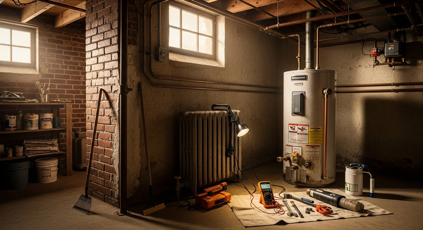 A technician from Comfort Solution HVAC LLC inspecting a tank water heater in a Park Ridge, IL home basement. The unit shows signs of sediment buildup and the technician is checking the heating element connections.