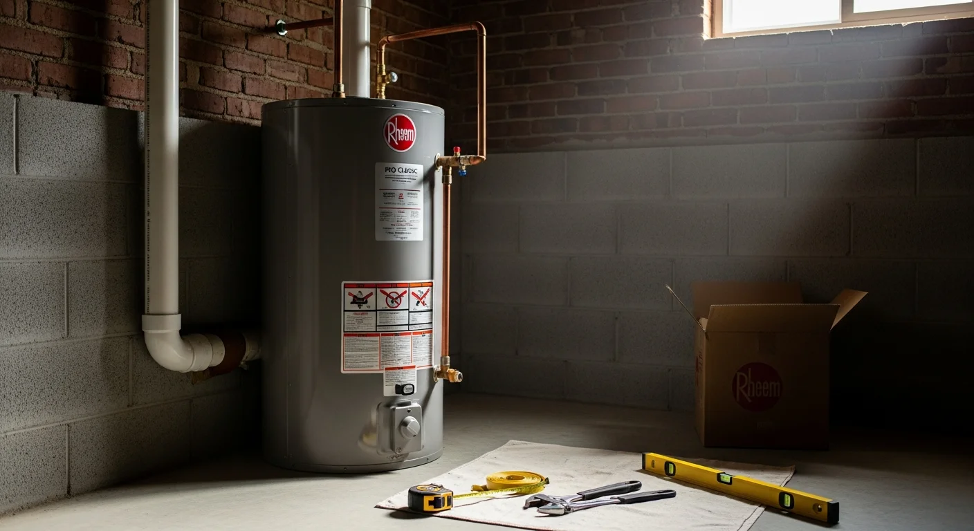 A newly installed water heater in a Park Ridge, IL home basement utility room, with clean copper connections and proper venting in place. The surrounding area is clear and dry, showing a completed professional replacement job.